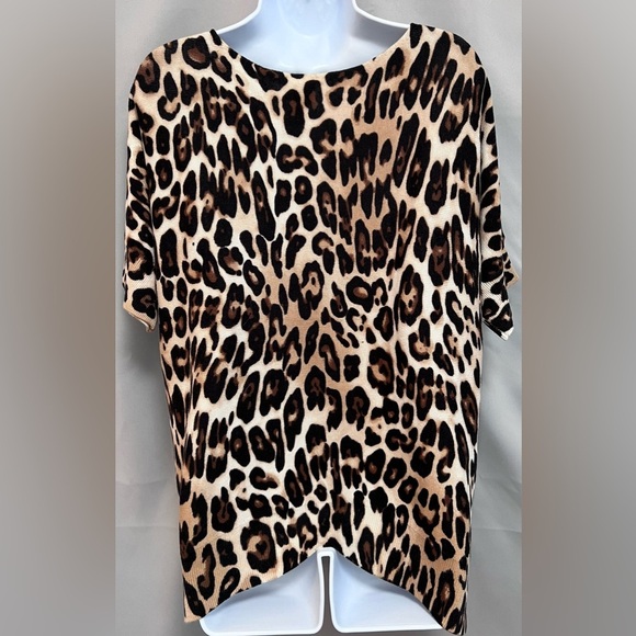 Chico's Brown Biege Leopard Cheetah Boat Neck Short Sleeve Cotton Blend Sz 1 (1X - Picture 2 of 9